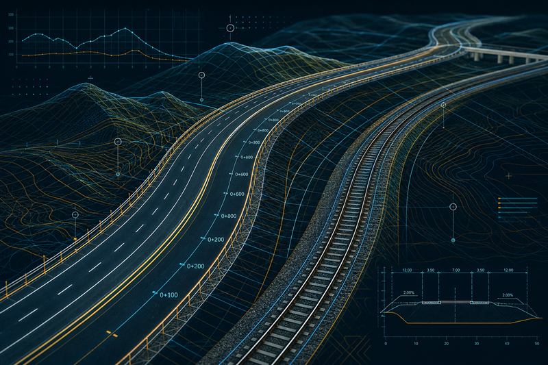 Visual tecnico moderno de projeto geometrico com alinhamentos rodoviarios e ferroviarios